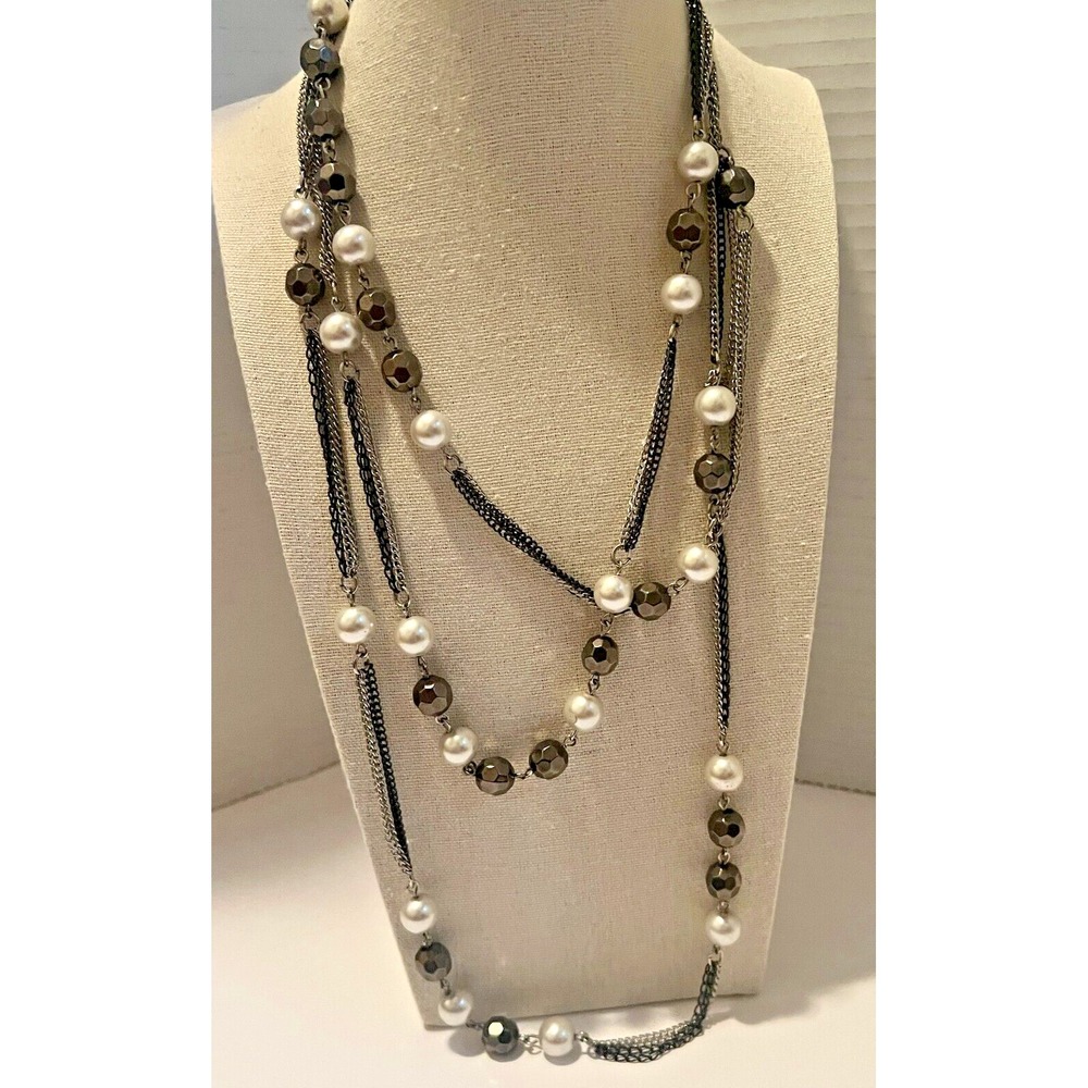 Express Long Necklace Faux Pearls & Faceted Black‎ Beads Gunmetal Chain Layered